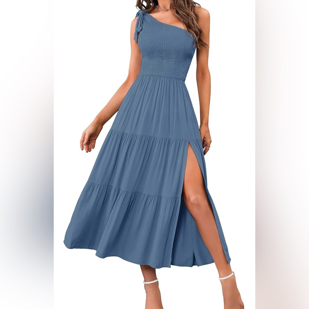 One shoulder blue slit dress